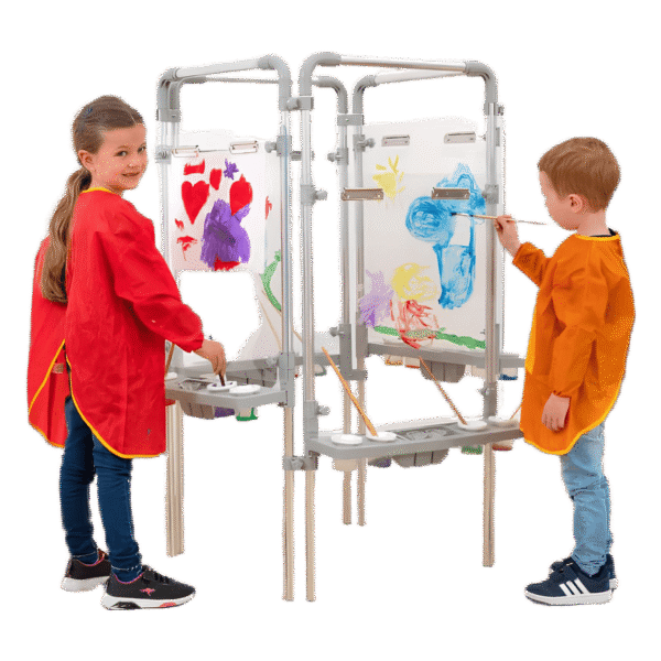Children painting on an educational art easel with transparent panels, promoting creativity and learning.
