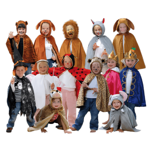 Cute children dressed as animals, insects, and fantasy characters for a school play or costume event.