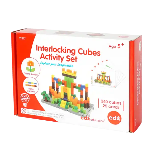 Colorful interlocking cube activity set for kids aged 5+.