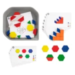 Colorful geometric puzzle game with plastic shapes and cards for school and educational activities.