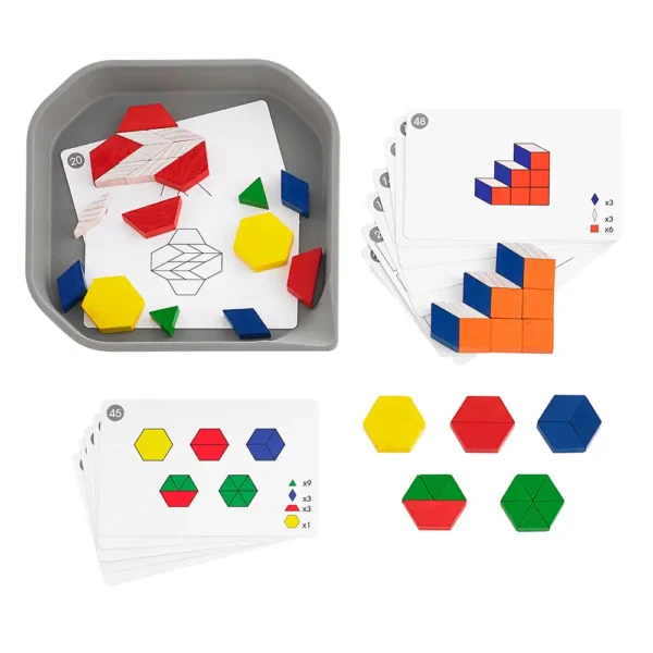 Colorful geometric puzzle game with plastic shapes and cards for school and educational activities.