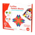 Colorful pattern blocks set for educational and creative activities for children aged 3+.