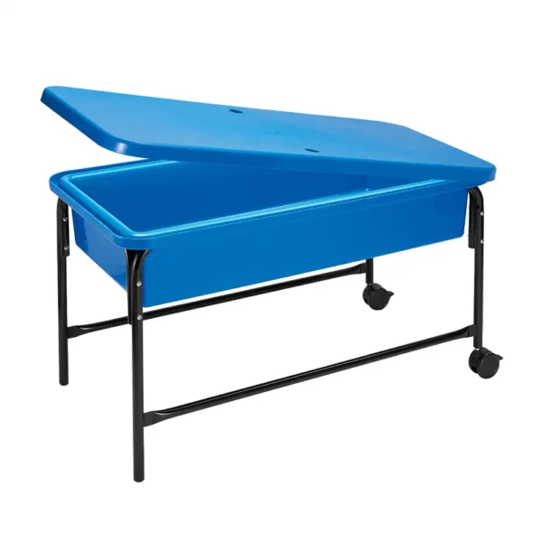 Blue school storage table with adjustable height and a lid, ideal for classrooms and educational settings.