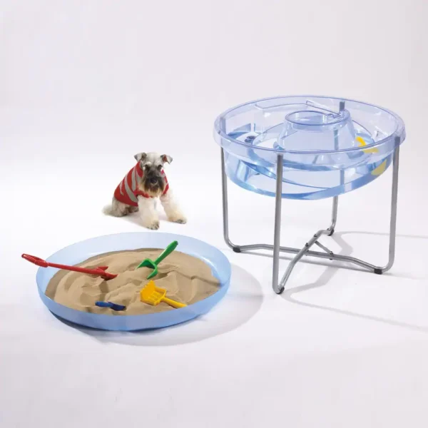 Dog beside a sand play table
