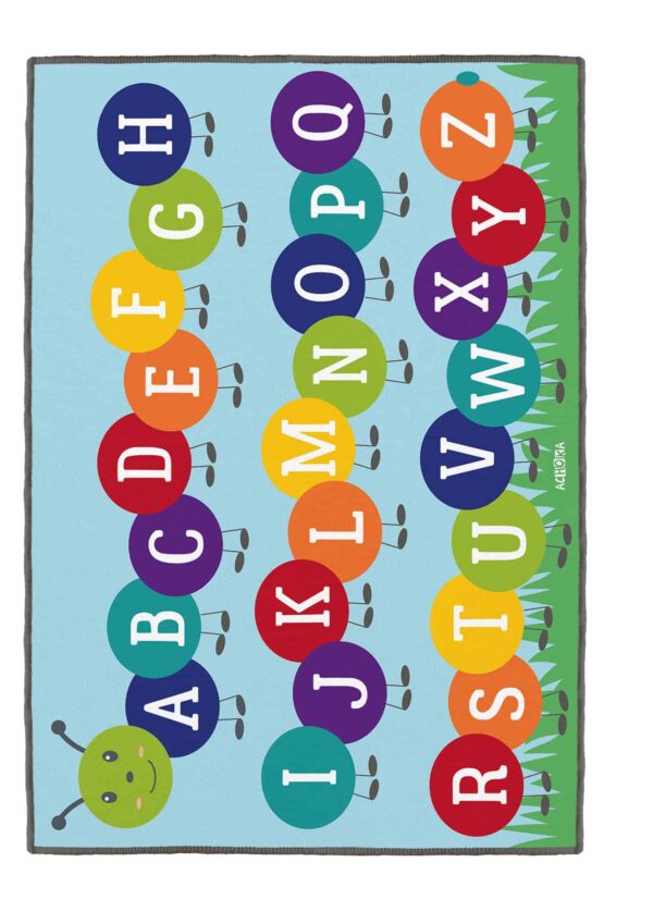 Colorful alphabet rug with caterpillars