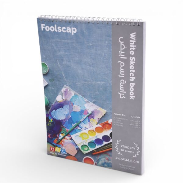 A professional product photography of an open Foolscap white sketchbook (24.5x34.5cm)