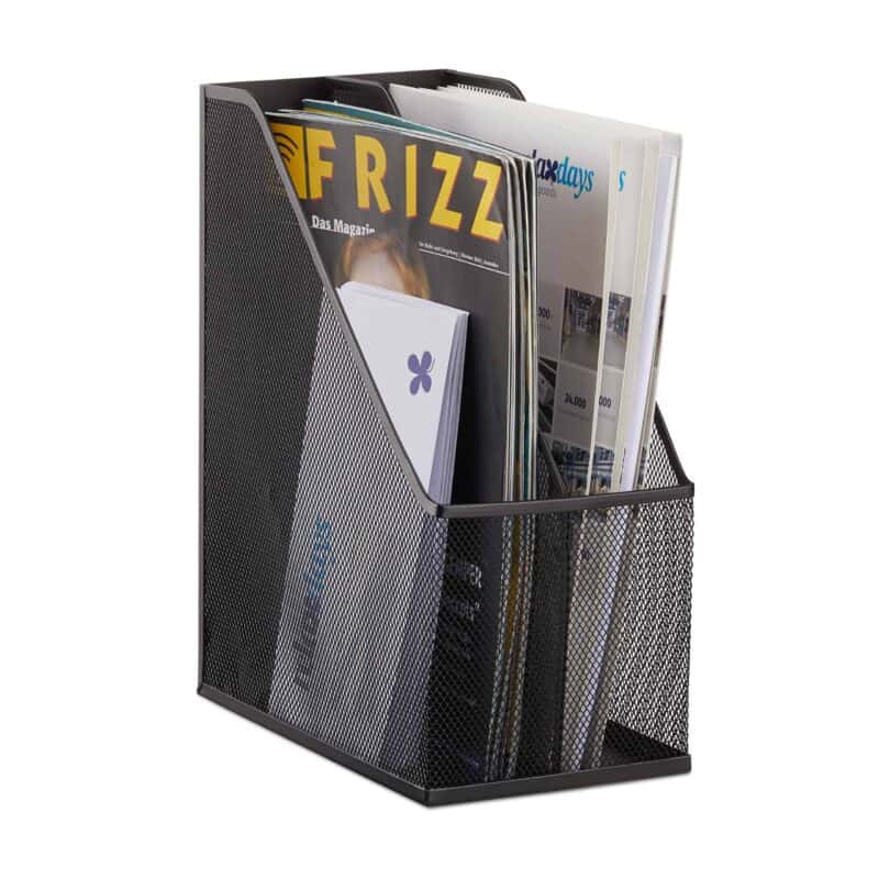 A black metal holder with magazines