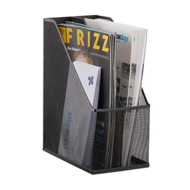 a black metal holder with magazines