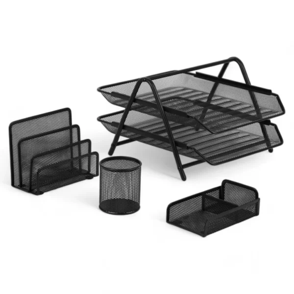 a group of black metal office supplies