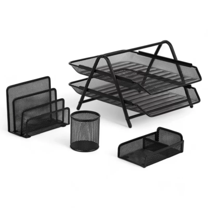 A group of black metal office supplies