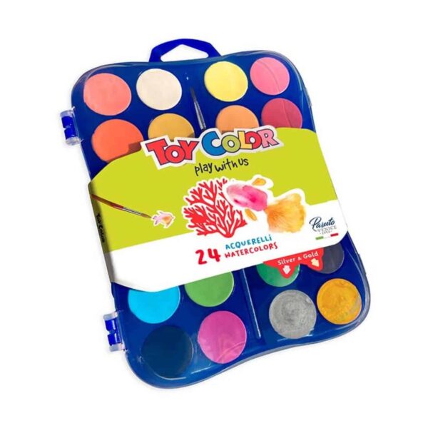 Toy Color 24 water Colors with silver and gold dia. 30 mm with brush
