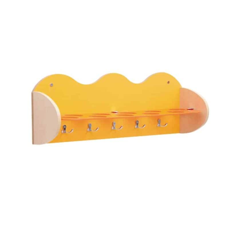 Orange shelves for cups - 5 hooks for towels and space for 10 cups