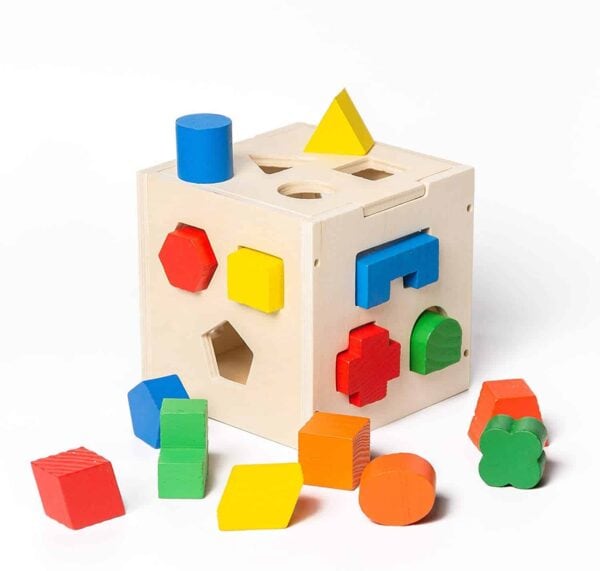Wooden shapes matching cube