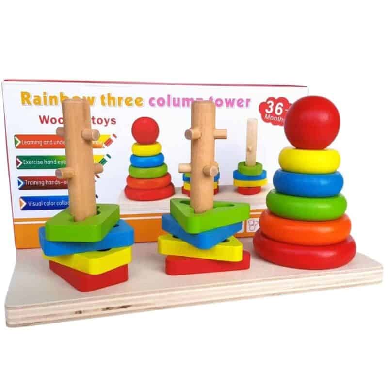 3 columns wooden stacking sorting tower