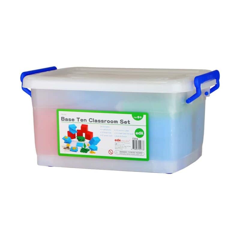 A plastic container with blue handles