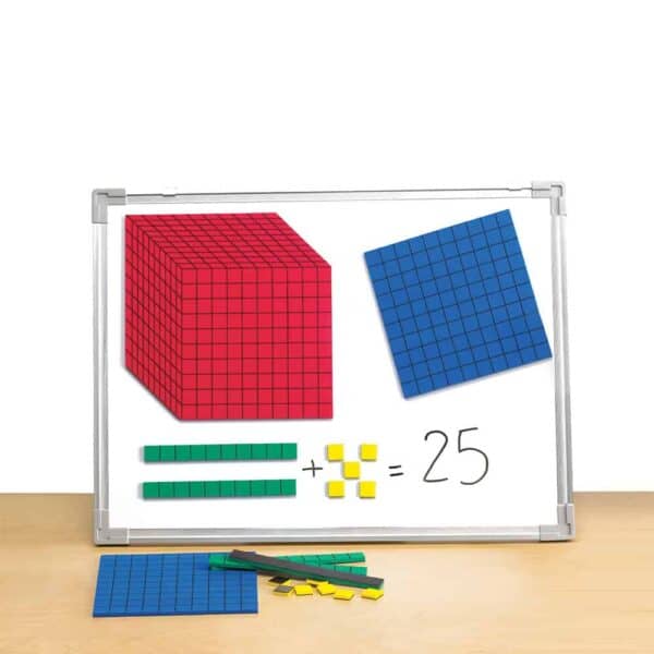a white board with colorful squares and numbers