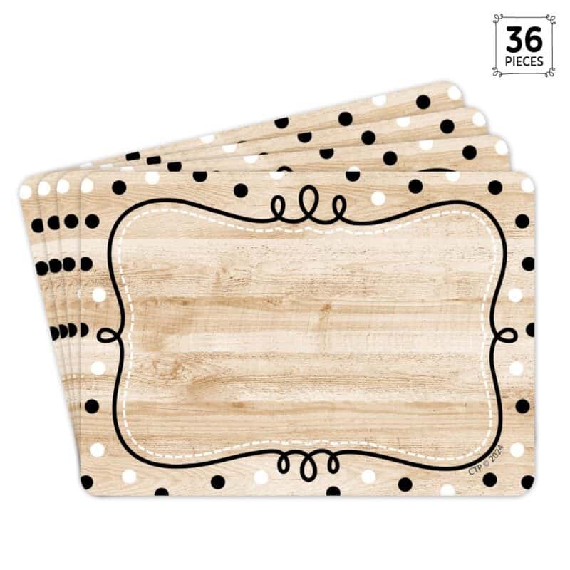 Loop-de-dots on wood labels (core decor)