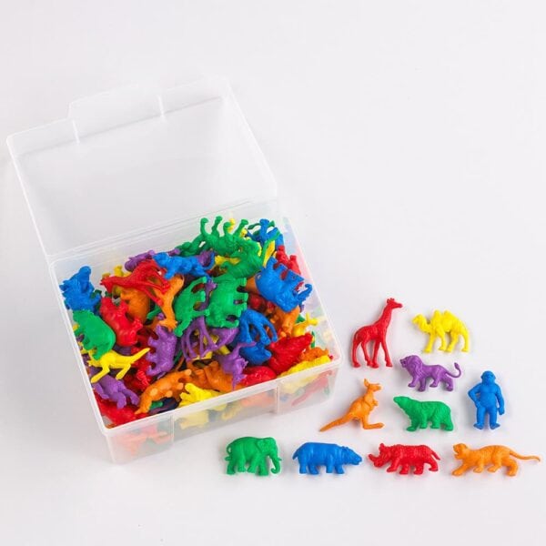 plastic toy animals in a plastic container