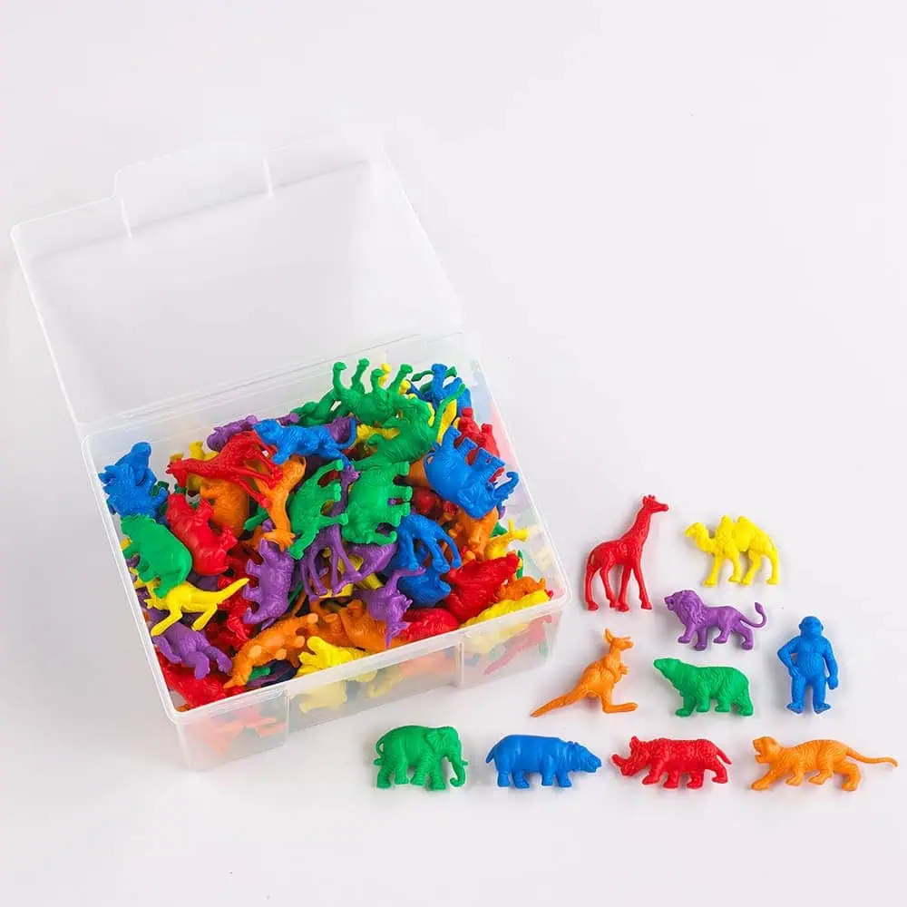 plastic toy animals in a plastic container