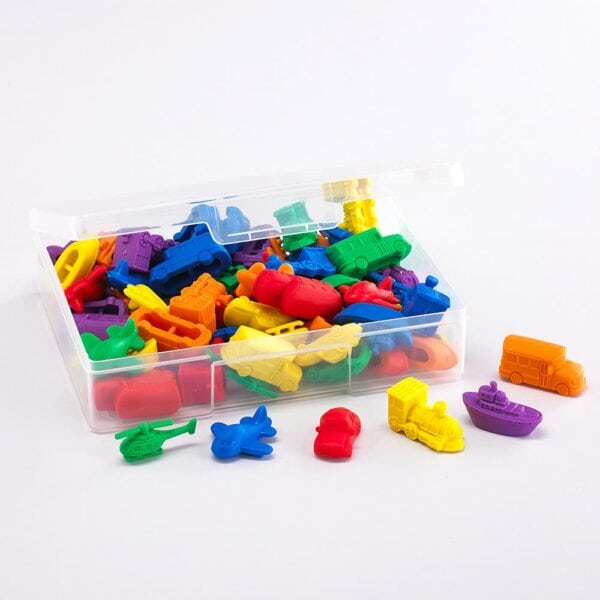 a plastic container full of colorful plastic objects
