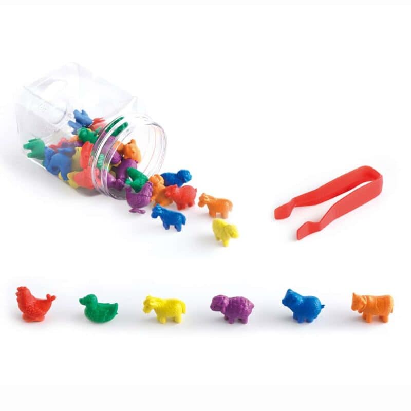 A jar with plastic animals and tweezers