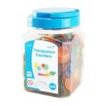 a plastic container of colorful coins