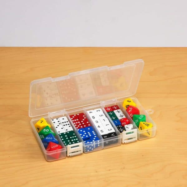 a plastic container with different colored dice