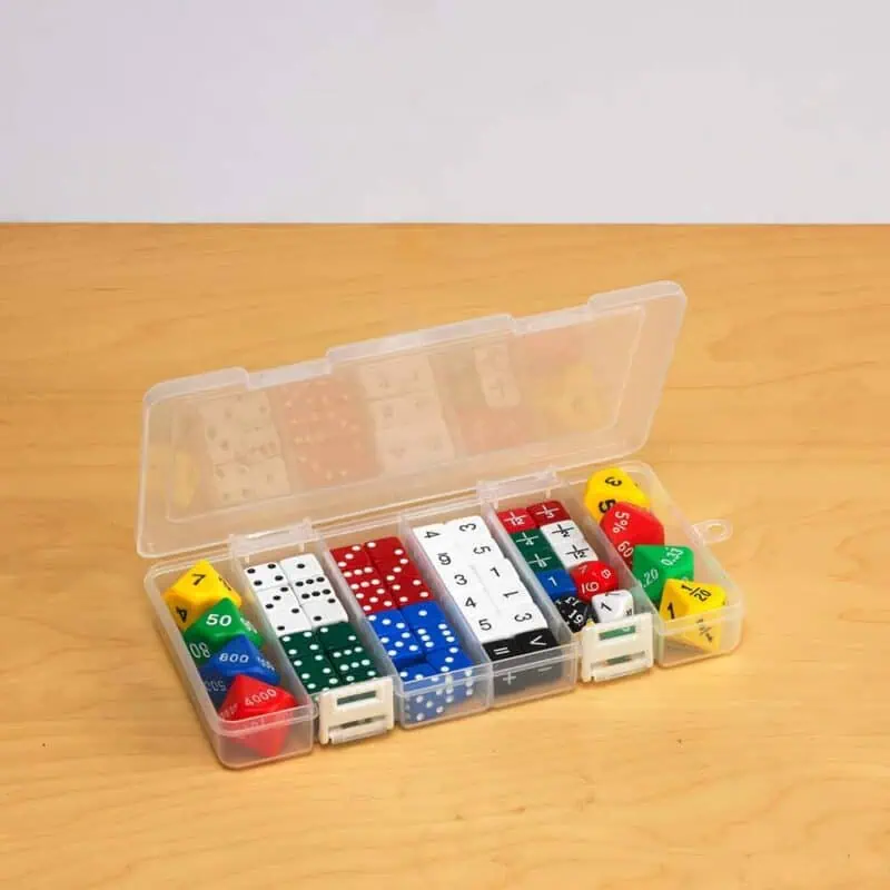 a plastic container with different colored dice