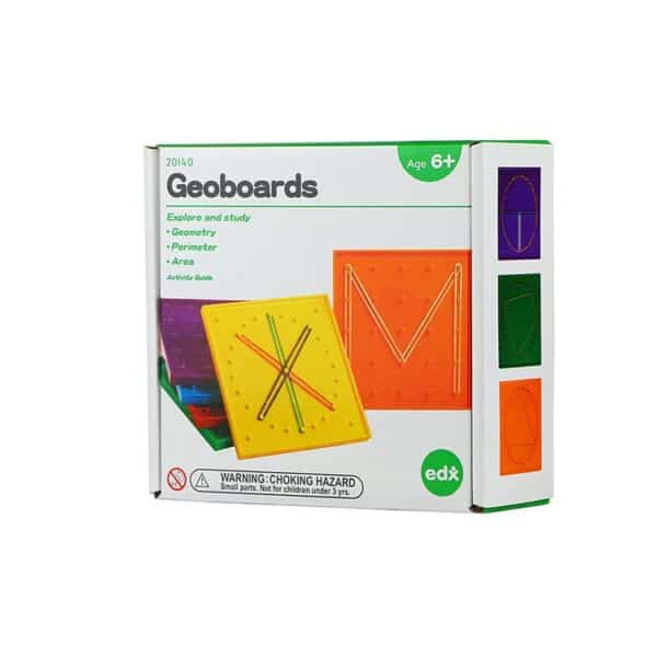 a box of colorful geoboards