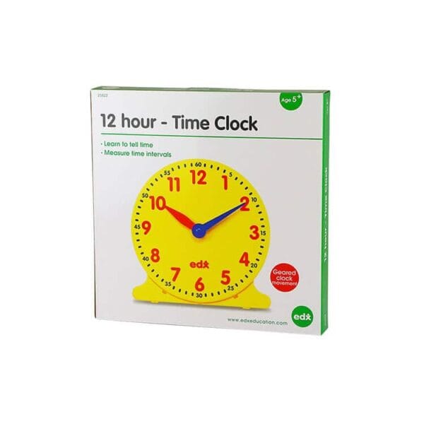 a yellow clock with red hands