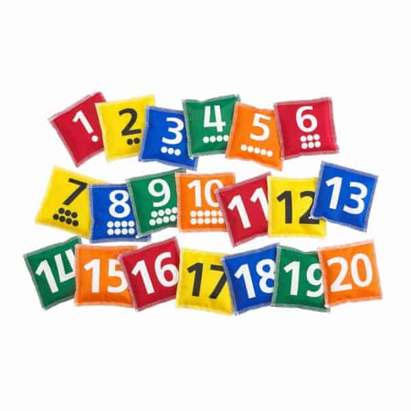 a group of colorful square pillows with numbers
