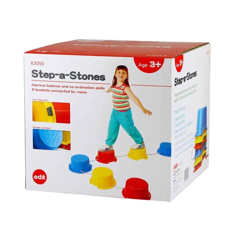 A box with a child on top of a step-a-stones