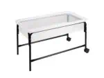 a white tub with black wheels