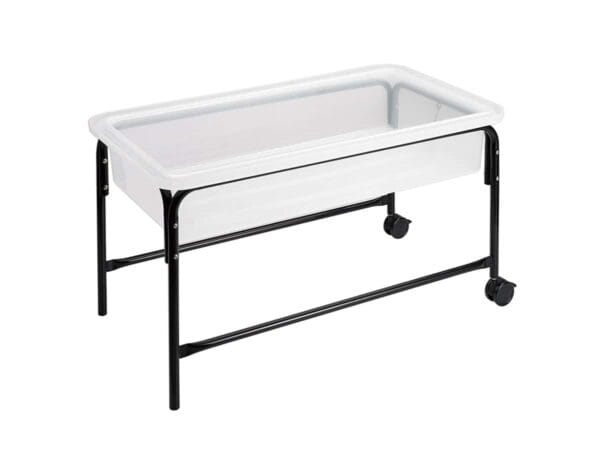 a white tub with black wheels