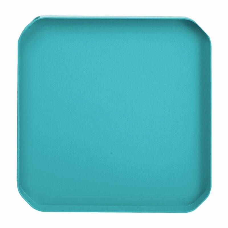 A blue square tray with a white background