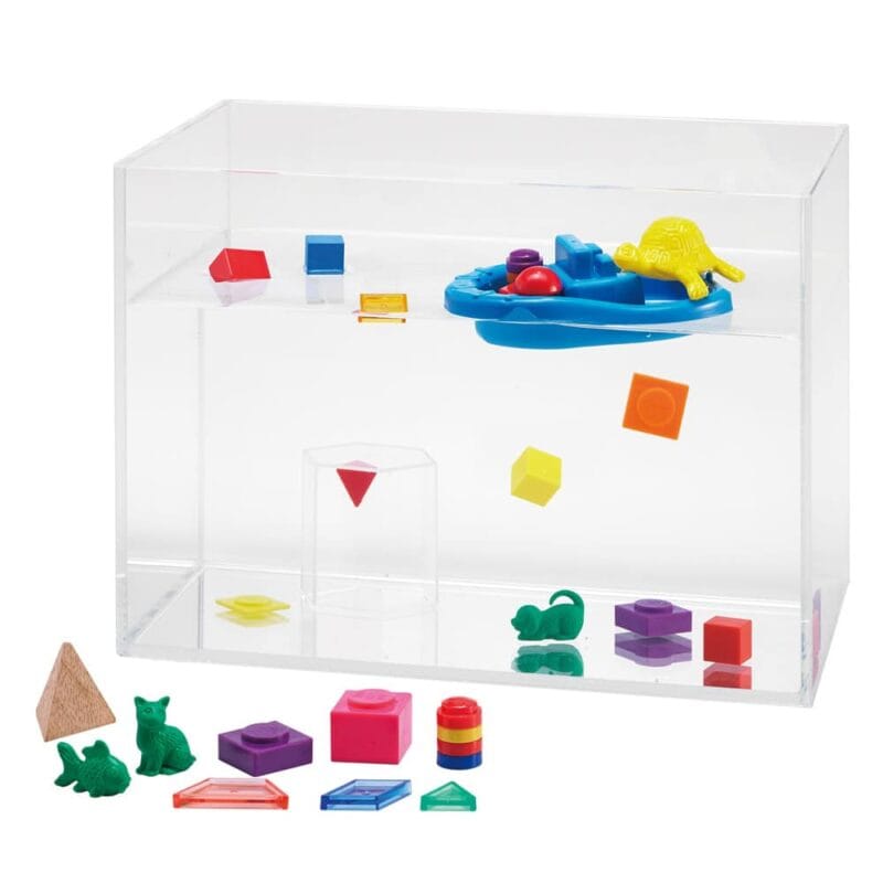 A plastic box with toys in it