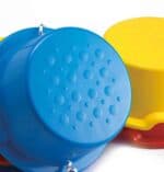 a blue and yellow buckets