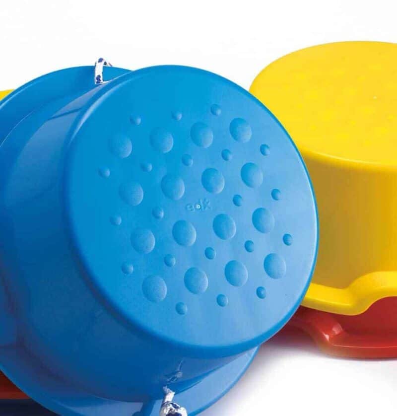 A blue and yellow buckets
