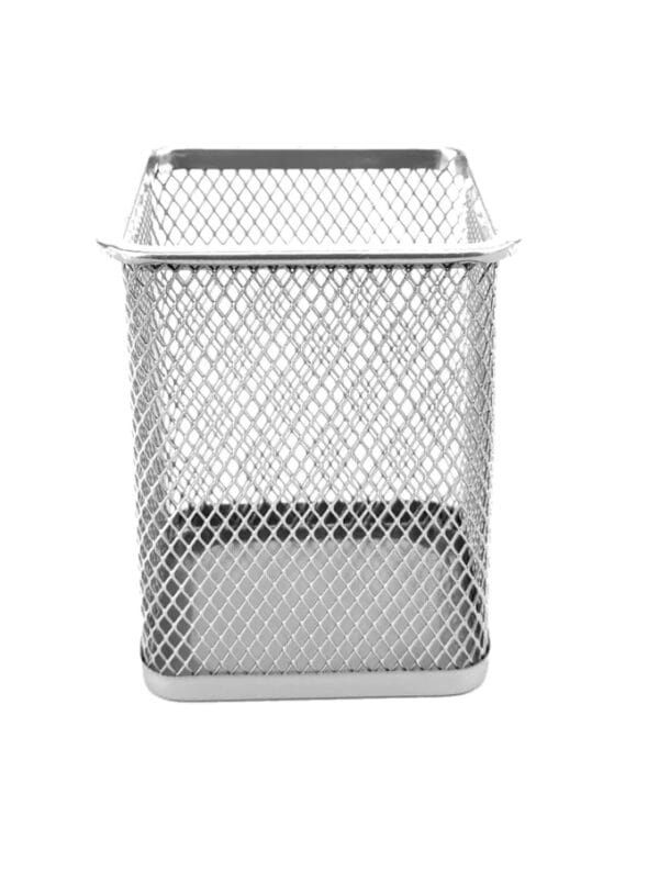 a metal mesh basket with a square top