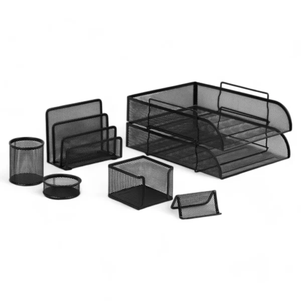 a group of black mesh office supplies