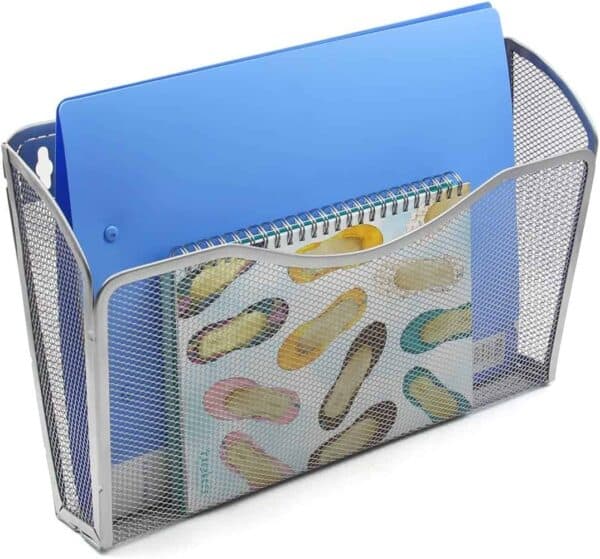 a blue folder and notebook in a wire basket