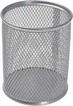 a silver metal trash can