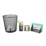 a group of office supplies in a basket