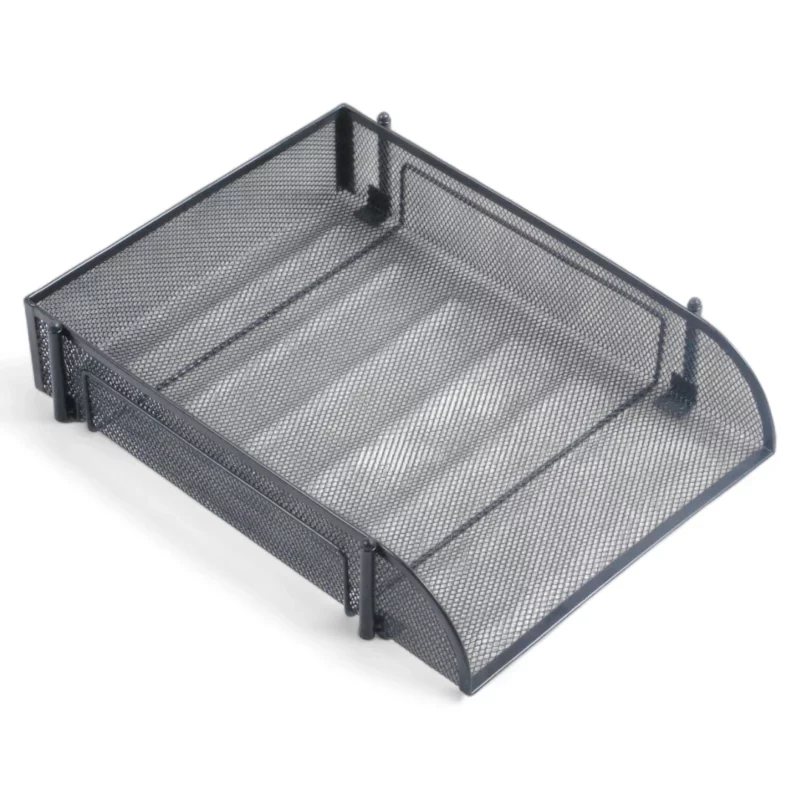 A black metal tray with a mesh top