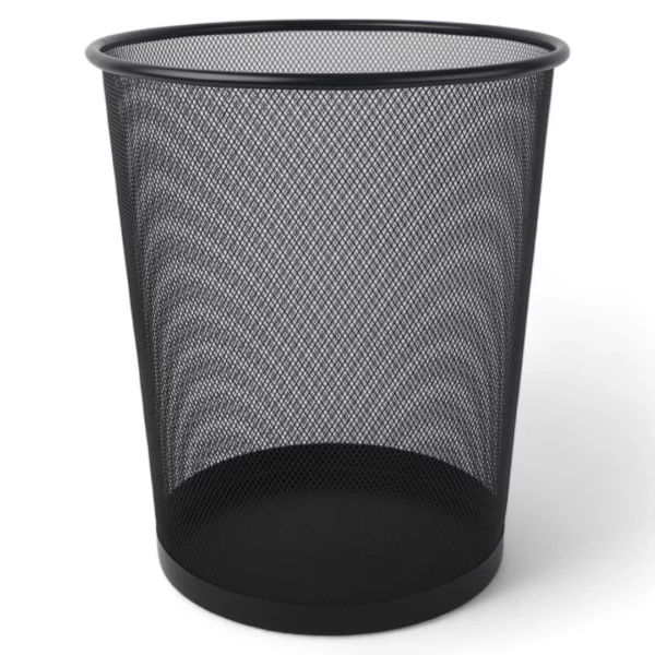 a black mesh trash can