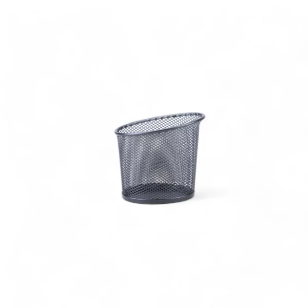 a black mesh basket on a white background