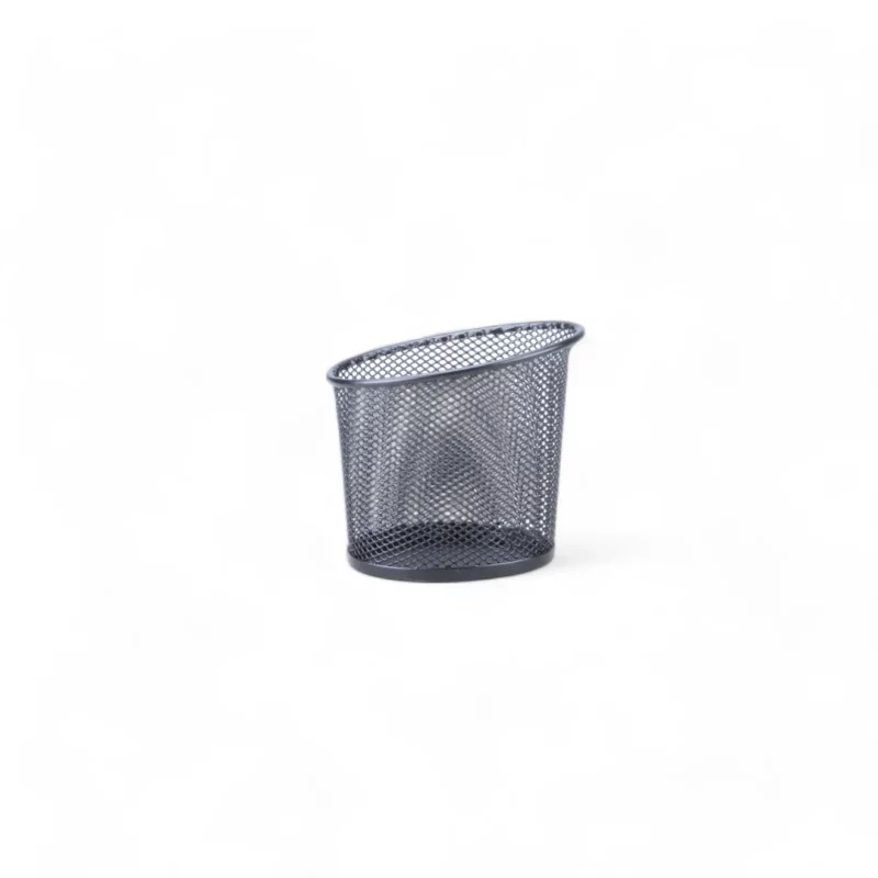 A black mesh basket on a white background