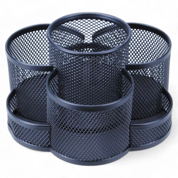 a black pen holder with mesh around it