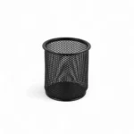 a black mesh container on a white background
