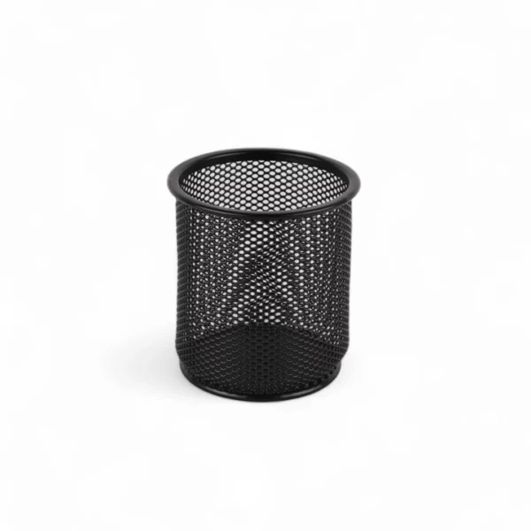 a black mesh container on a white background